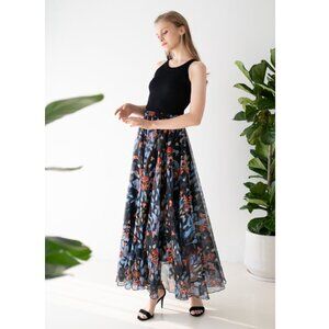 Blooming Calla Lily Watercolor Maxi Skirt in Black